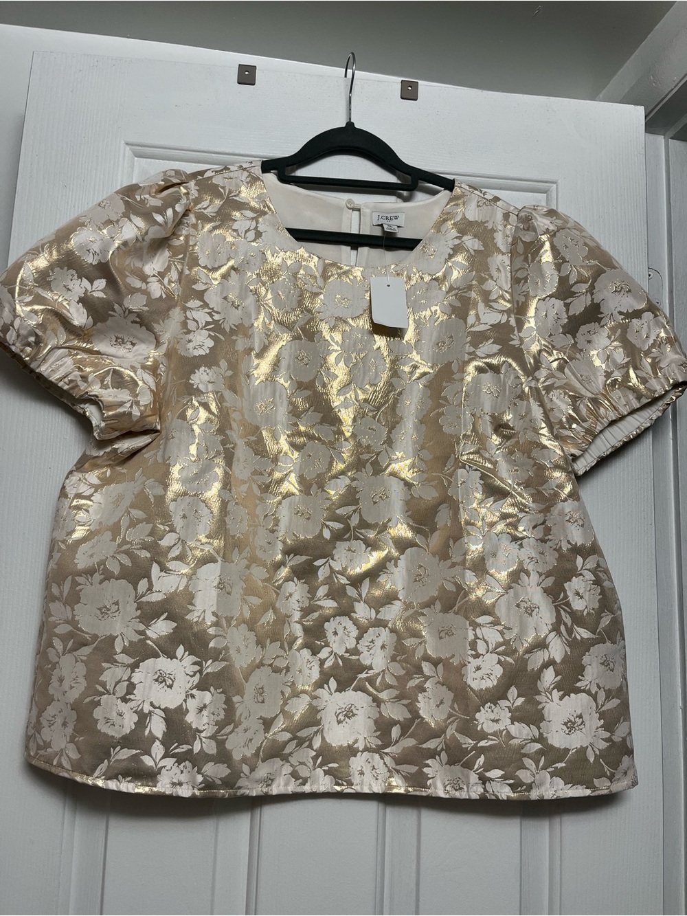 J. Crew Ivory Blush Floral Metallic Puff-Sleeve Top